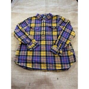 LL Bean Woman's Relaxed Fit 1/4 Zip Orange/Purple/Red Plaid Flannel Size Large